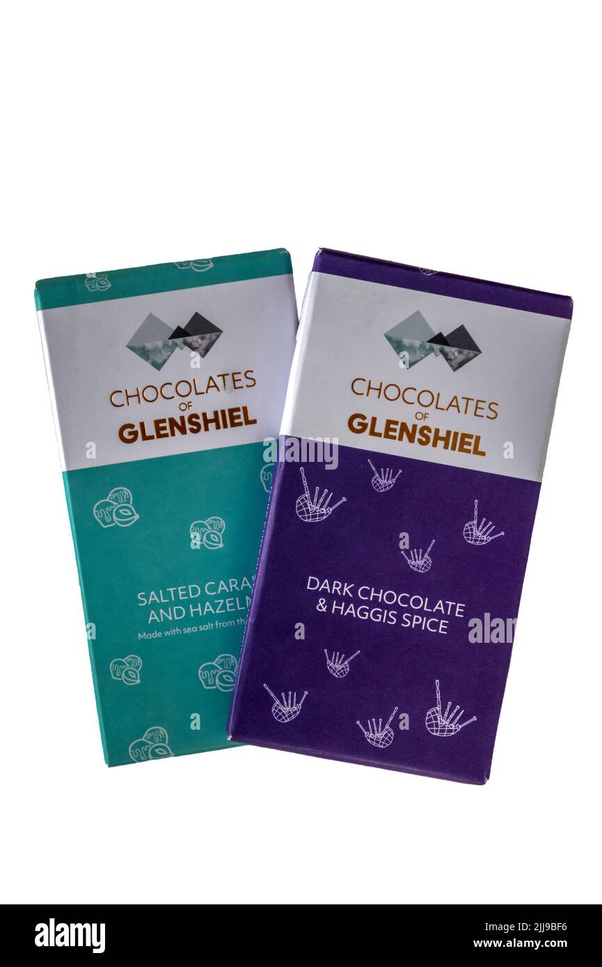 Schokolade von Glenshiel Dark Chocolate & Haggis Spice und gesalzene Karamell- und Haselnuss-Schokolade. Stockfoto