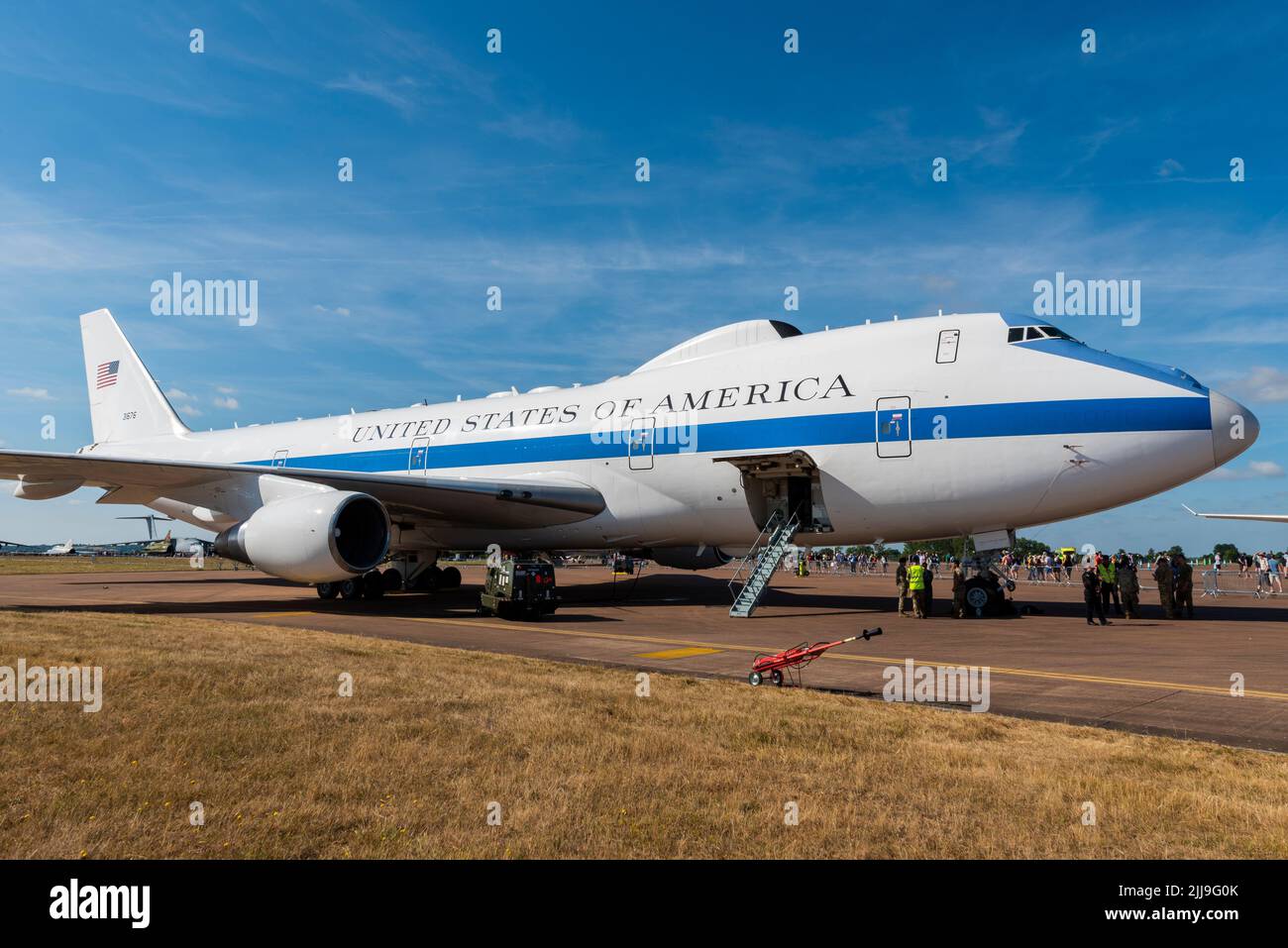 Boeing E-4B Nachtwatch Airborne Command Postflugzeug auf der Royal International Air Tattoo Airshow, RAF Fairford, Gloucestershire, Großbritannien. Weltuntergangsflugzeug Stockfoto