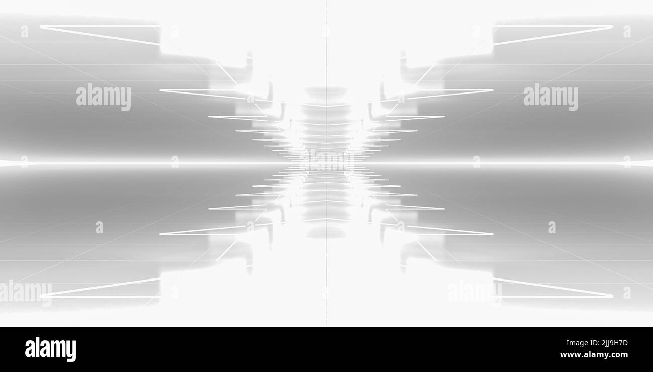 Weiße Bühne mit leuchtenden Neonpfeilen Zeigern Zeichen. 3D Rendern. Stockfoto