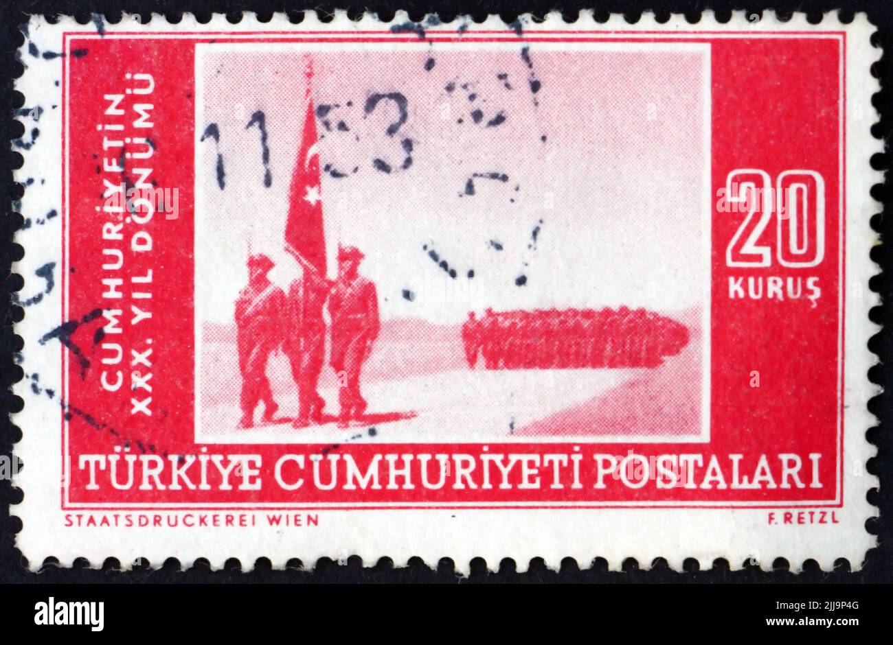 TÜRKEI - UM 1953: Eine in der Türkei gedruckte Briefmarke zeigt Militärparade, Türkische republik, 30.. Jahrestag, um 1953 Stockfoto