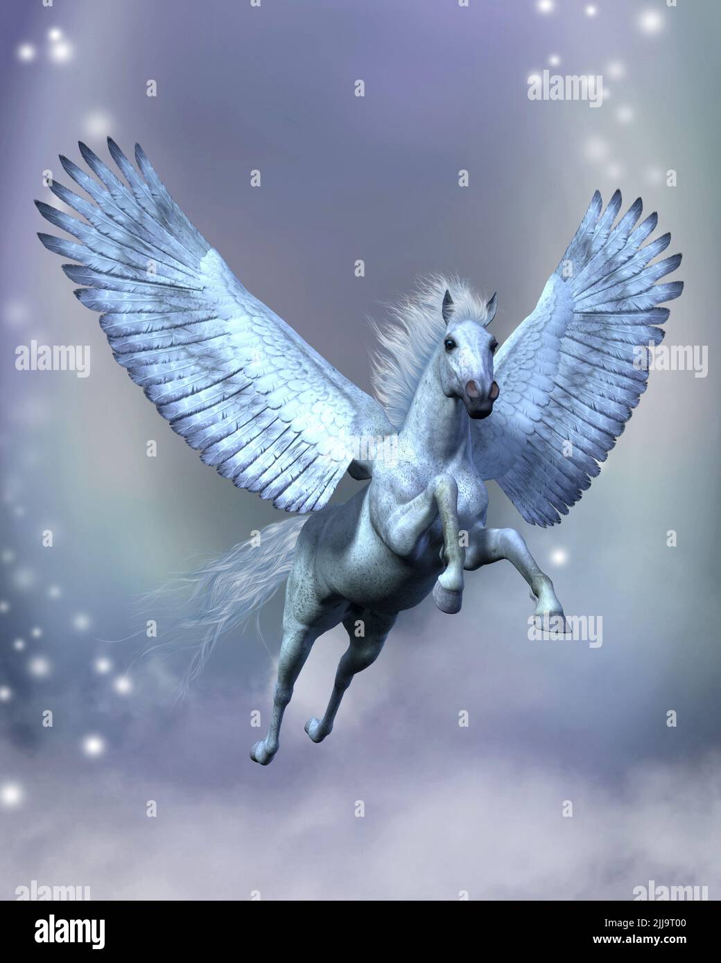 White Pegasus Fantasy - der legendäre weiße Pegasus fliegt zwischen Sternen und flauschigen Wolken auf stabilen Flügeln. Stockfoto
