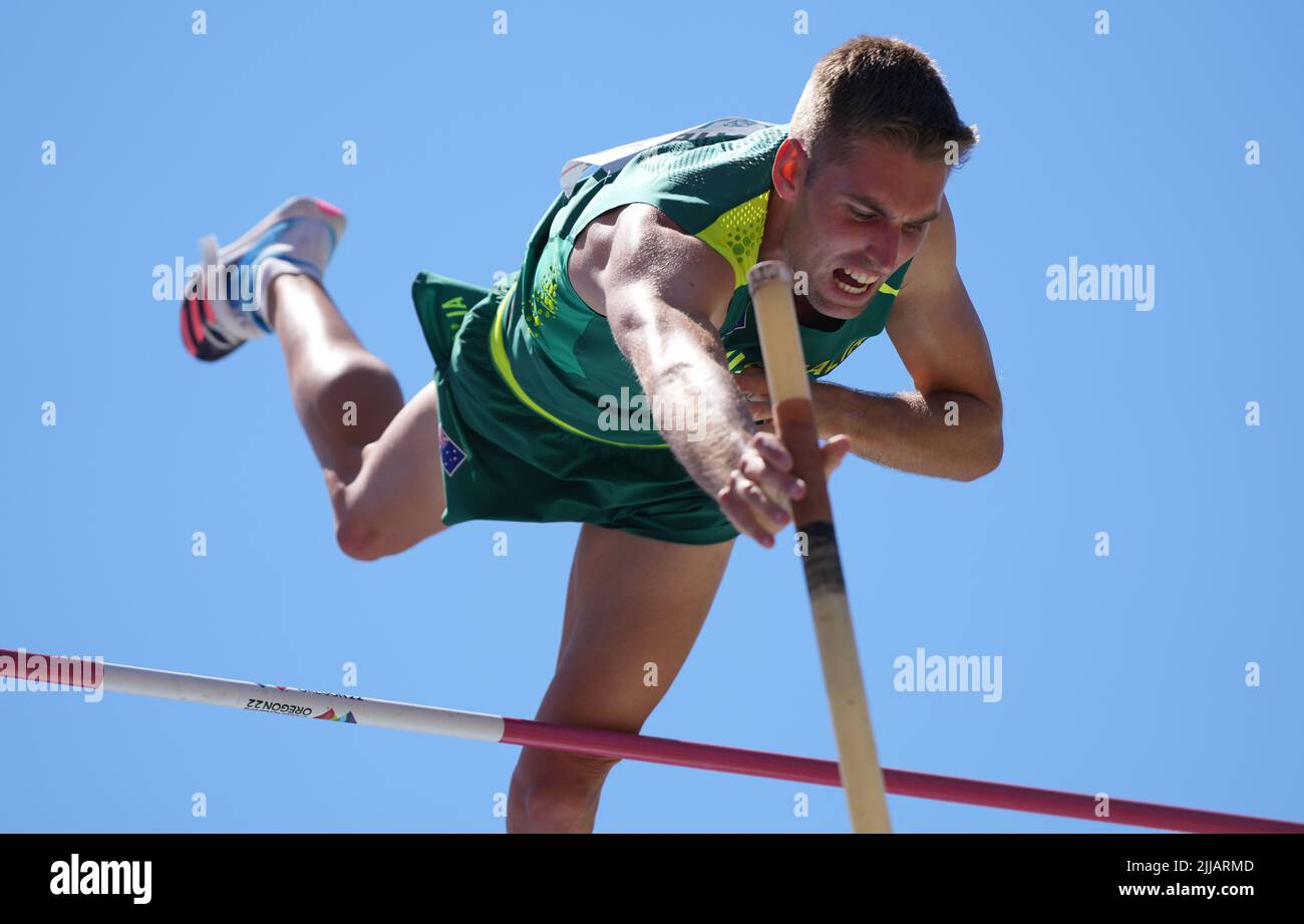 Eugene, USA. 24.. Juli 2022. Cedric Dubler aus Australien tritt bei den Leichtathletik-Weltmeisterschaften Oregon22 in Eugene, Oregon, USA, am 24. Juli 2022 im Stabhochsprung des Decathlon-Events an. Quelle: Wu Xiaoling/Xinhua/Alamy Live News Stockfoto