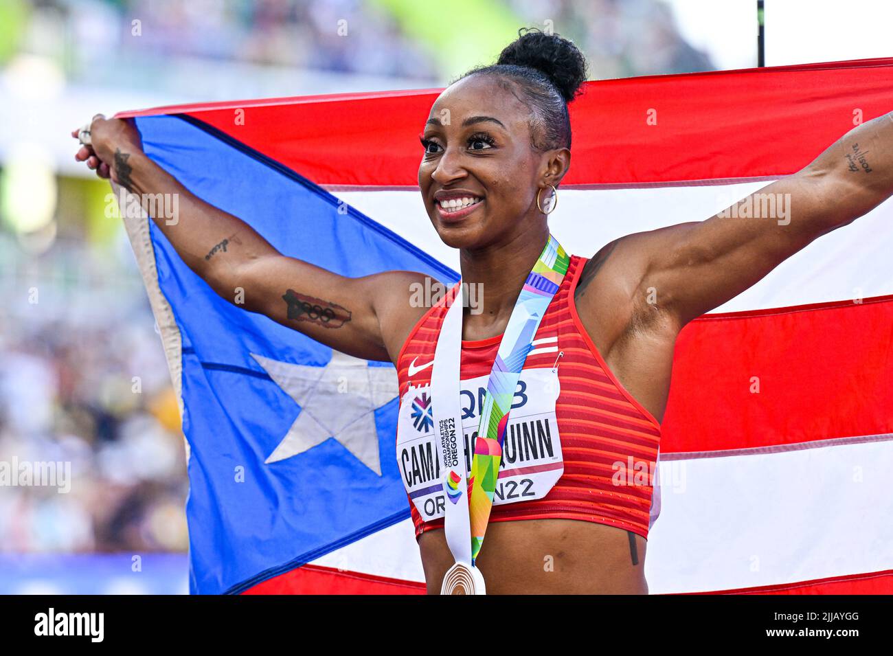 EUGENE, USA 24. JULI Jasmine Camacho Quinn aus Puerto Rico tritt während der Leichtathletik