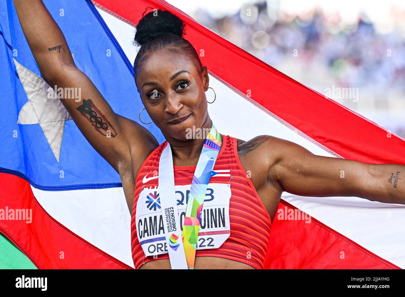 EUGENE, USA 24. JULI Jasmine Camacho Quinn aus Puerto Rico tritt während der Leichtathletik