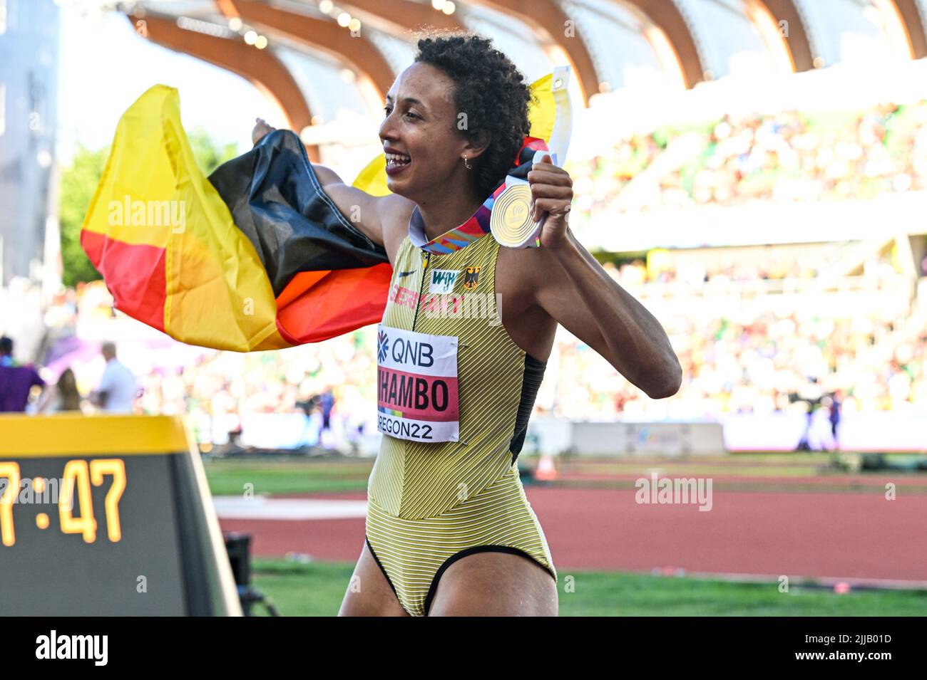 EUGENE, USA - 24. JULI: Malaika Mihambo aus Deutschland tritt während der Leichtathletik-Weltmeisterschaften am 24. Juli 2022 in Eugene, USA, beim Weitsprung der Frauen an (Foto: Andy Astfalck/BSR Agency) Atletiekunie Stockfoto