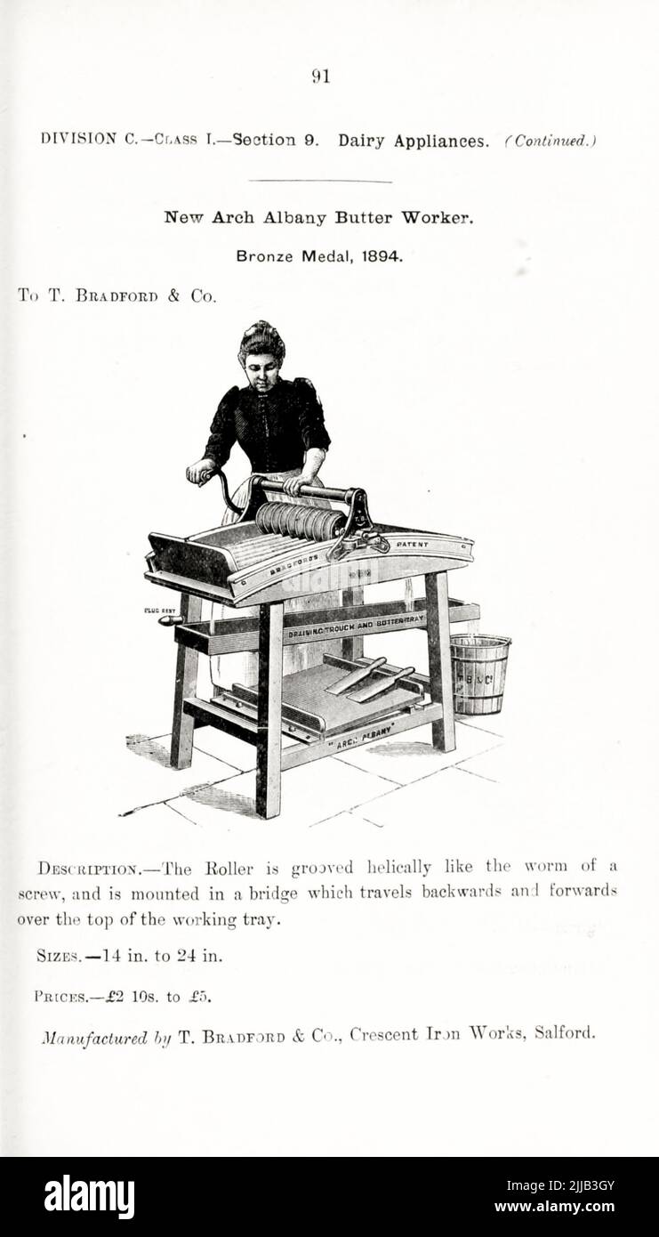 Molkerei-Gerät - New Arch Albany Butter Worker aus dem Buch ' illustrierte Liste der Exponate, an die Medaillen auf ihren Ausstellungen verliehen wurden, die im Zusammenhang mit den Kongressen in Worcester, 1889; Brighton, 1890; Portsmouth, 1892 ; Liverpool, 1894 ; Newcastle, 1896 ; Leeds, 1897 ; Birmingham, 1898 ; Southampton, 1899 von Sanitary Institute (Großbritannien) Erscheinungsdatum 1906 Herausgeber/Verlag London : Offices of the Sanitary Institute Stockfoto