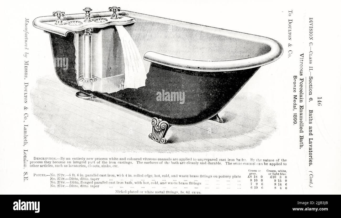 Bäder und Toiletten. Glasiertes emailliertes Bad aus Porzellan aus dem Buch „illustrierte Liste der Exponate, an die Medaillen auf ihren Ausstellungen verliehen wurden, die im Zusammenhang mit den Kongressen in Worcester, 1889, abgehalten wurden; Brighton, 1890; Portsmouth, 1892 ; Liverpool, 1894 ; Newcastle, 1896 ; Leeds, 1897 ; Birmingham, 1898 ; Southampton, 1899 von Sanitary Institute (Großbritannien) Erscheinungsdatum 1906 Herausgeber/Verlag London : Offices of the Sanitary Institute Stockfoto