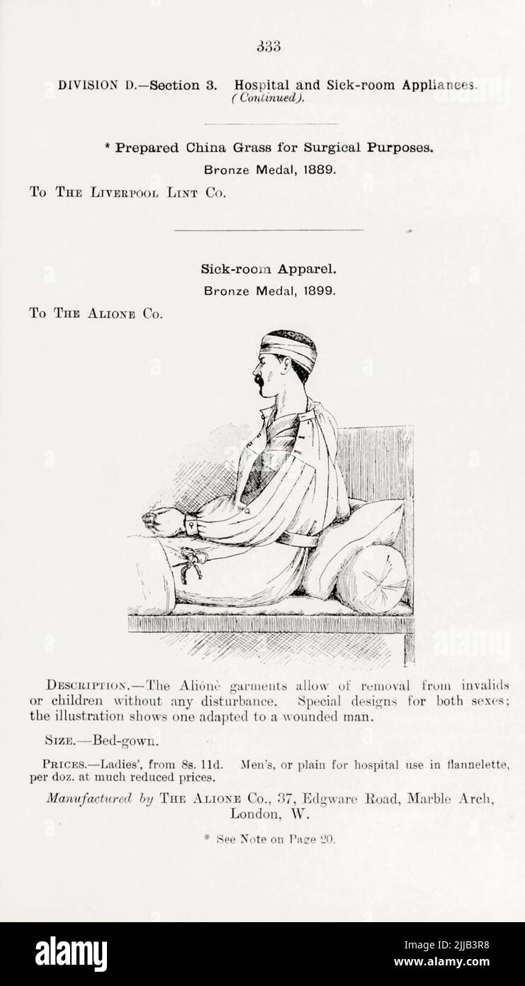 Krankenraum-Kleidung aus dem Buch ' illustrierte Liste der Exponate, denen Medaillen auf ihren Ausstellungen verliehen wurden, die im Zusammenhang mit den Kongressen in Worcester, 1889; Brighton, 1890; Portsmouth, 1892 ; Liverpool, 1894 ; Newcastle, 1896 ; Leeds, 1897 ; Birmingham, 1898 ; Southampton, 1899 von Sanitary Institute (Großbritannien) Erscheinungsdatum 1906 Herausgeber/Verlag London : Offices of the Sanitary Institute Stockfoto