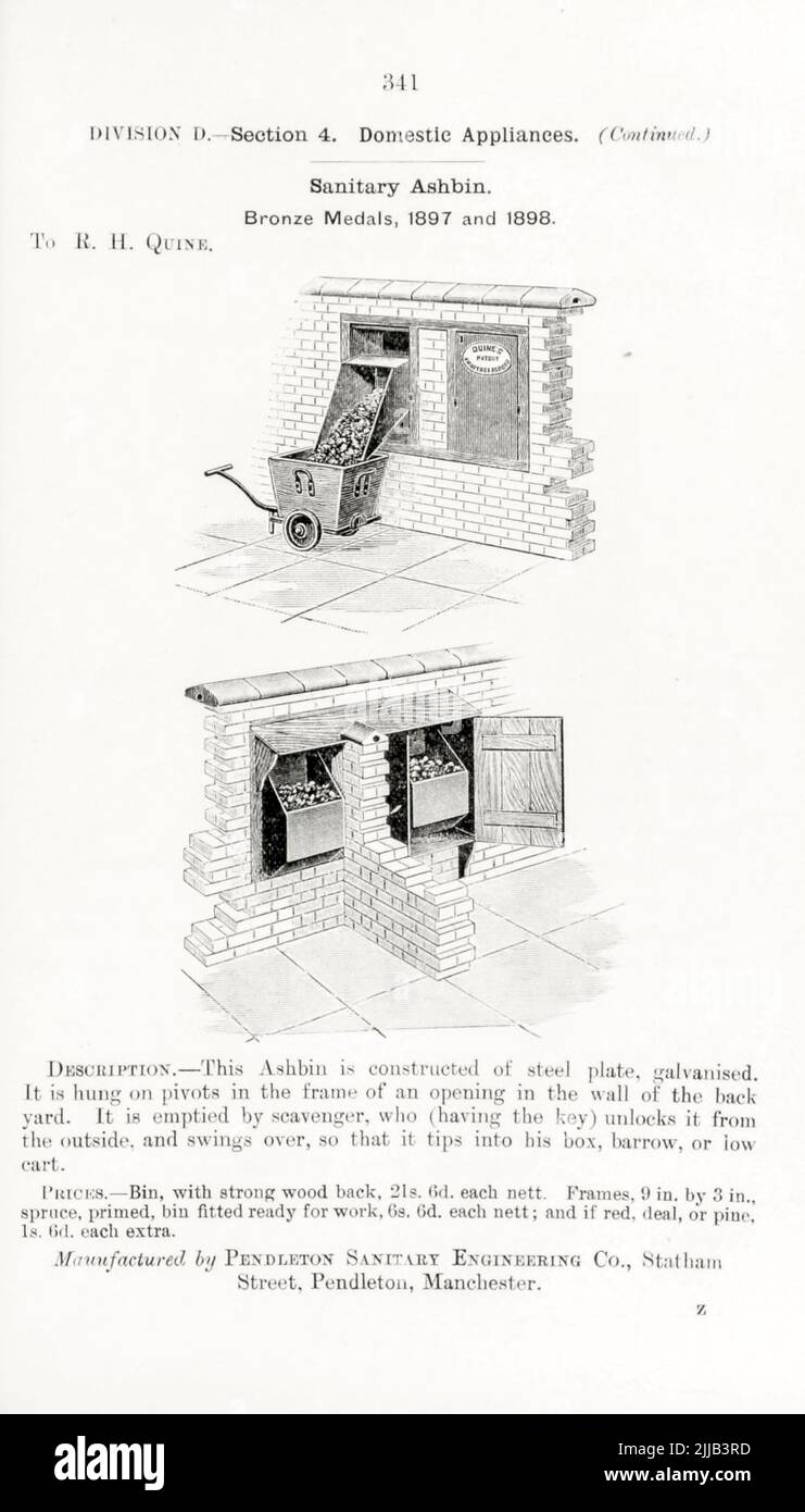 Sanitär-Ashbin aus dem Buch ' illustrierte Liste der Exponate, denen Medaillen auf ihren Ausstellungen verliehen wurden, die im Zusammenhang mit den Kongressen in Worcester, 1889; Brighton, 1890; Portsmouth, 1892 ; Liverpool, 1894 ; Newcastle, 1896 ; Leeds, 1897 ; Birmingham, 1898 ; Southampton, 1899 von Sanitary Institute (Großbritannien) Erscheinungsdatum 1906 Herausgeber/Verlag London : Offices of the Sanitary Institute Stockfoto