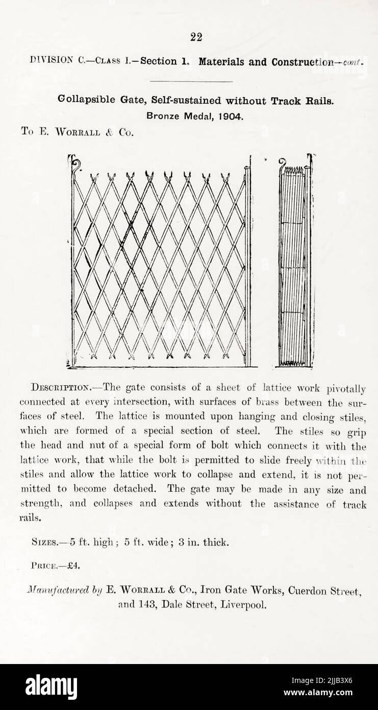 Gollapsible Gate, Self-Sustained Without Track Rails aus dem Buch "illustrierte Liste der Exponate, denen Medaillen auf ihren Ausstellungen verliehen wurden, die im Zusammenhang mit den Kongressen in Worcester, 1889, abgehalten wurden; Brighton, 1890 ; Portsmouth, 1892 ; Liverpool, 1894 ; Newcastle, 1896 ; Leeds, 1897 ; Birmingham, 1898 ; Southampton, 1899 von Sanitary Institute (Großbritannien) Erscheinungsdatum 1906 Herausgeber/Verlag London : Offices of the Sanitary Institute Stockfoto