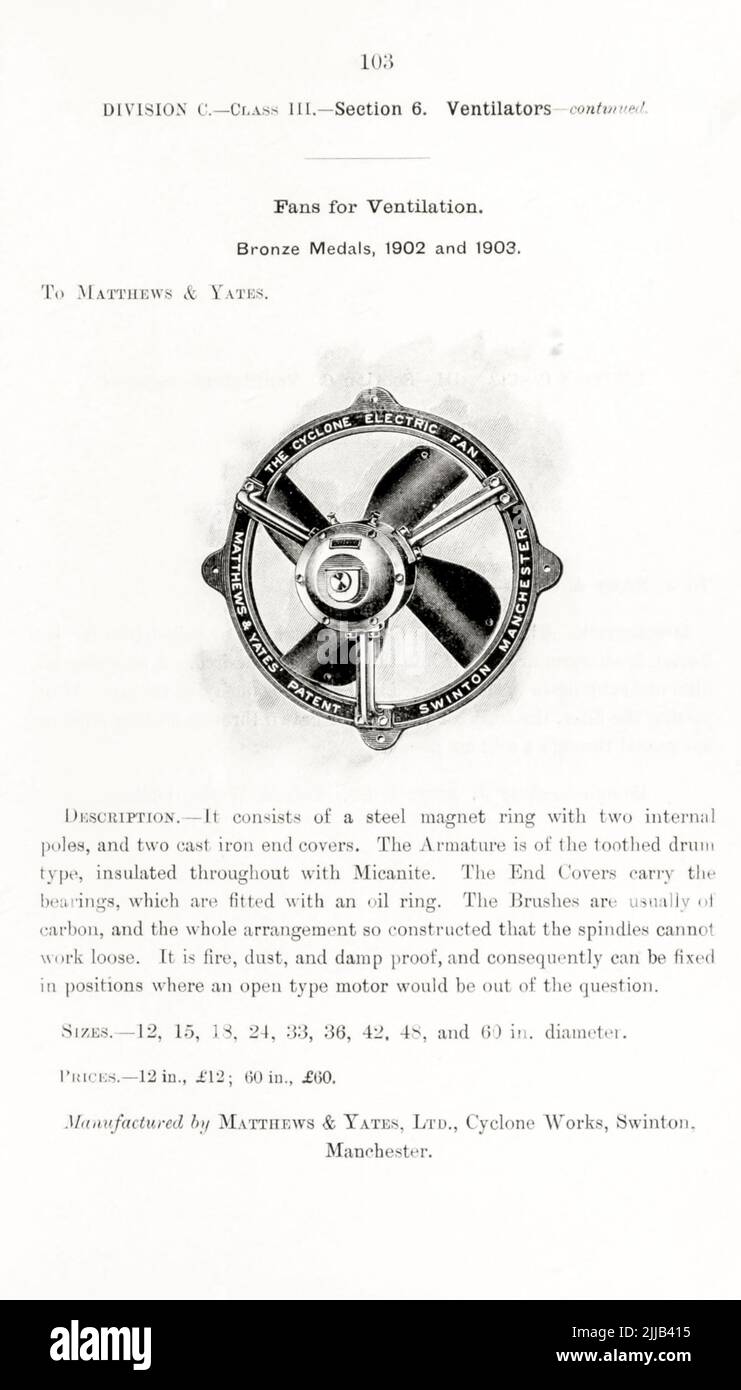 Fans für Belüftung aus dem Buch ' illustrierte Liste der Exponate, denen Medaillen auf ihren Ausstellungen verliehen wurden, die im Zusammenhang mit den Kongressen in Worcester, 1889 ; Brighton, 1890 ; Portsmouth, 1892 ; Liverpool, 1894 ; Newcastle, 1896 ; Leeds, 1897 ; Birmingham, 1898 ; Southampton, 1899 von Sanitary Institute (Großbritannien) Erscheinungsdatum 1906 Herausgeber/Verlag London : Offices of the Sanitary Institute Stockfoto