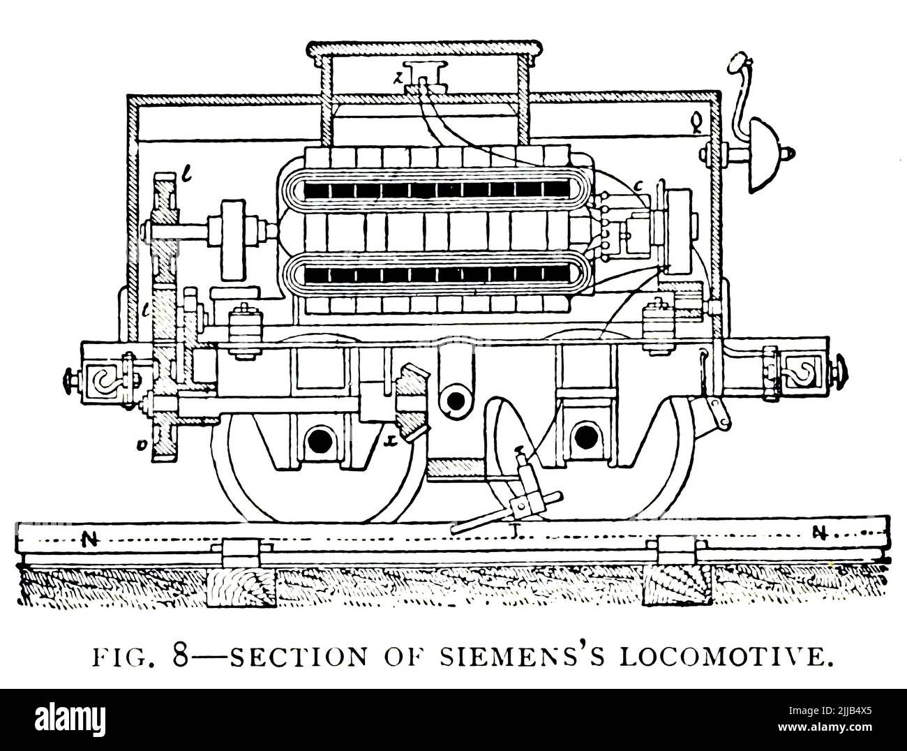 Abschnitt der Lokomotive von Siemens aus dem Artikel „ENTWICKLUNG DER ELEKTRISCHEN LOKOMOTIVE“ von B. J. Arnold, M. am. Inst. E. E. aus dem Engineering Magazine ZUM INDUSTRIELLEN FORTSCHRITT Band VII April bis September 1894 NEW YORK The Engineering Magazine Co Stockfoto