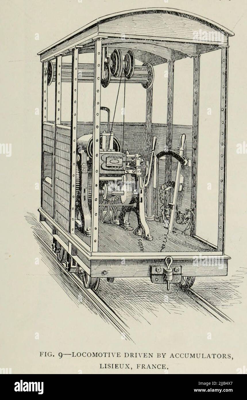 LOKOMOTIVE ANGETRIEBEN VON AKKUMULATOREN, LISIEUX, FRANKREICH aus dem Artikel "ENTWICKLUNG DER ELEKTRISCHEN LOKOMOTIVE" von B. J. Arnold, M. am. Inst. E. E. aus dem Engineering Magazine ZUM INDUSTRIELLEN FORTSCHRITT Band VII April bis September 1894 NEW YORK The Engineering Magazine Co Stockfoto