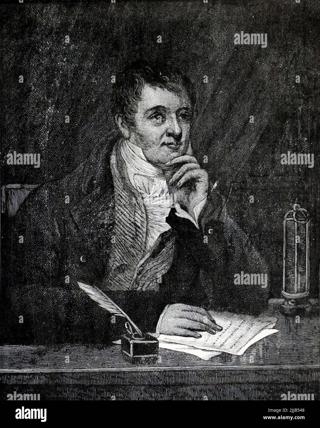 Sir Humphry Davy, von Thomas Phillips Sir Humphry Davy, 1. Baronet, PRS, MRIA, FGS (17. Dezember 1778 – 29. Mai 1829) war ein britischer Chemiker und Erfinder aus Cornwall[1], der die Davy-Lampe und eine sehr frühe Form der Bogenlampe erfand. Er wird auch daran erinnert, dass er zum ersten Mal durch den Einsatz von Elektrizität mehrere Elemente isoliert: Kalium und Natrium im Jahr 1807 und Kalzium, Strontium, Barium, Magnesium und Bor im folgenden Jahr sowie die elementare Natur von Chlor und Jod entdeckt hat. Davy untersuchte auch die Kräfte, die an diesen Trennungen beteiligt waren, und erfand das neue Feld des Elektrochemikers Stockfoto