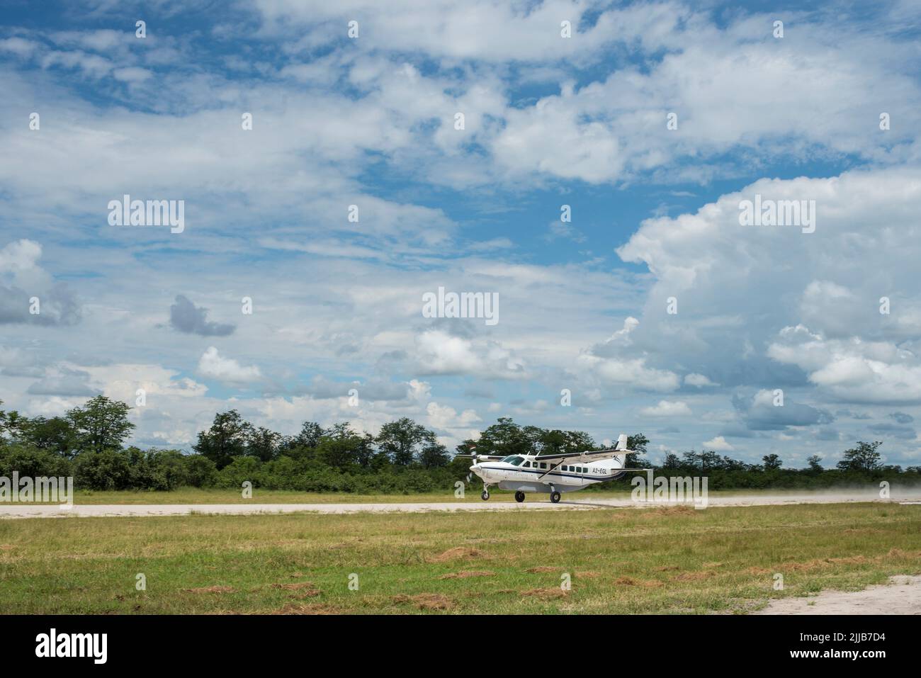 Start des Flugzeugs, Okavango Delta, Botswana Stockfoto