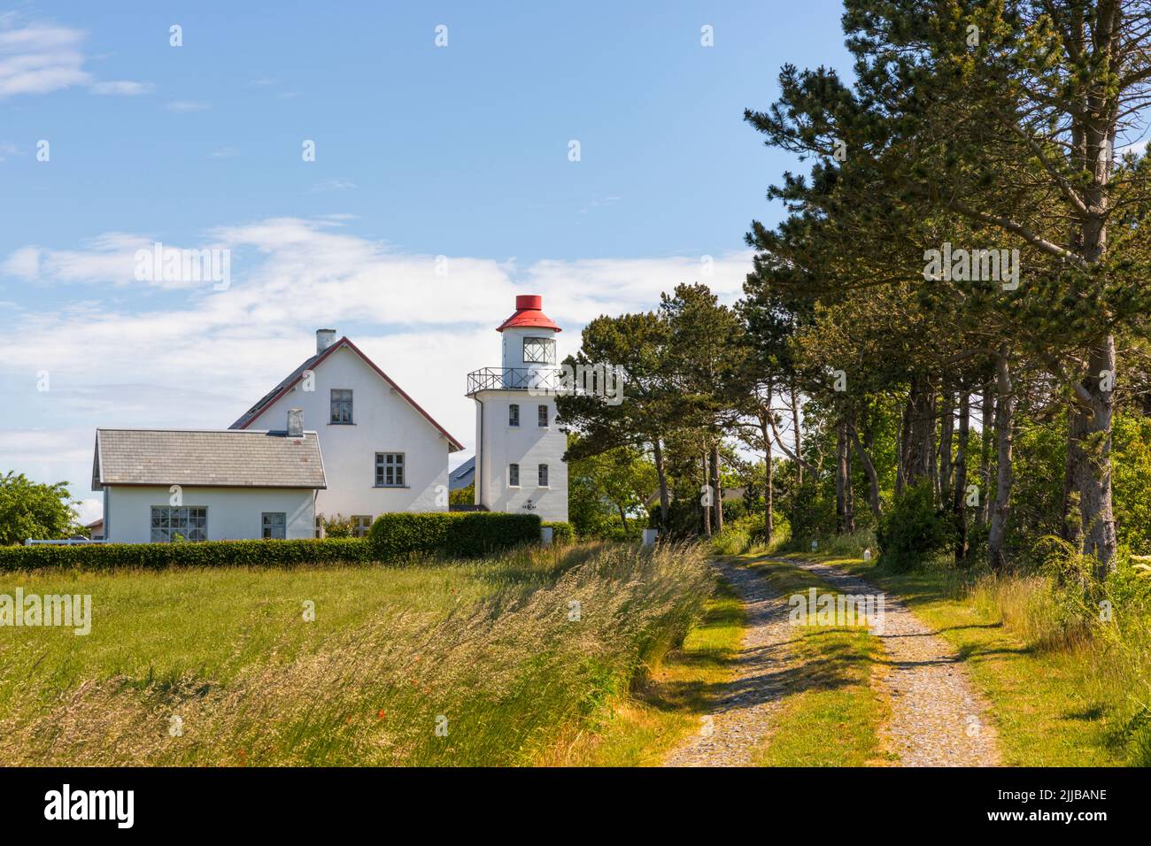Historischer Leuchtturm in Tranekær, nordöstliche Küste von Langeland, Dänemark Stockfoto