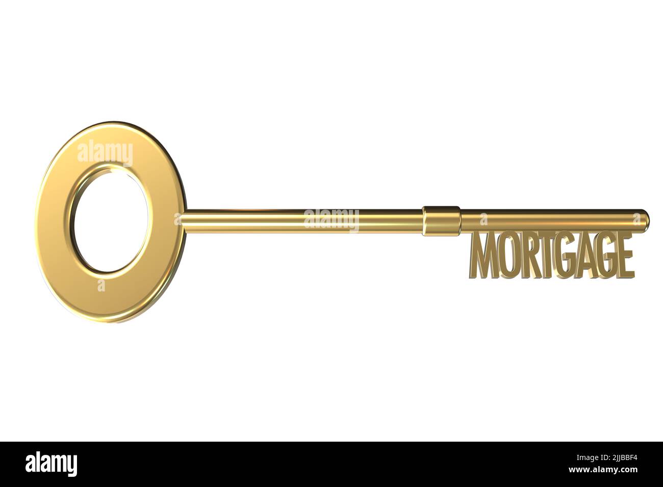Hypothekenkonzept von Gold metallic 3D Schlüssel zu Hause leihen Kreditaufnahme Hauskredit Darlehen Stockfoto
