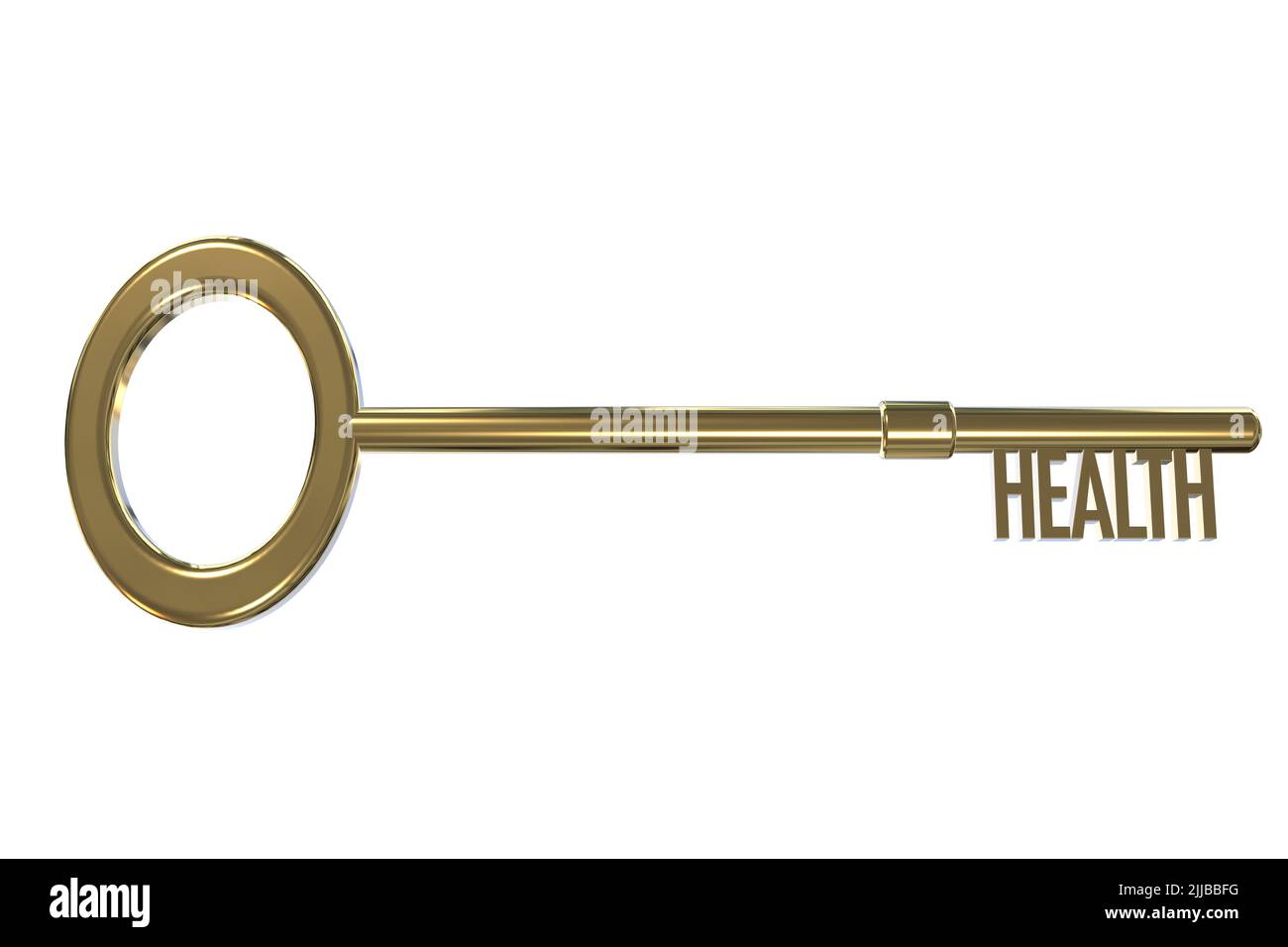 Schlüssel zum Gesundheitskonzept Gesundheitswort in einem goldenen 3D-Schlüssel-Ausschnitt integriert, isoliert auf weißem Hintergrund Stockfoto