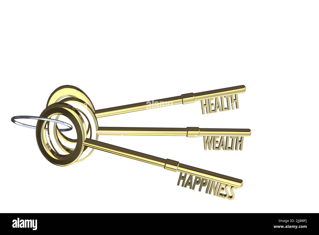 Schlüssel zum Gesundheitskonzept Schlüssel zum Wohlstandskonzept Schlüssel zum Glückskonzept Gesundheit Wohlstand und Glück schneiden isolierten weißen Hintergrund aus Stockfoto