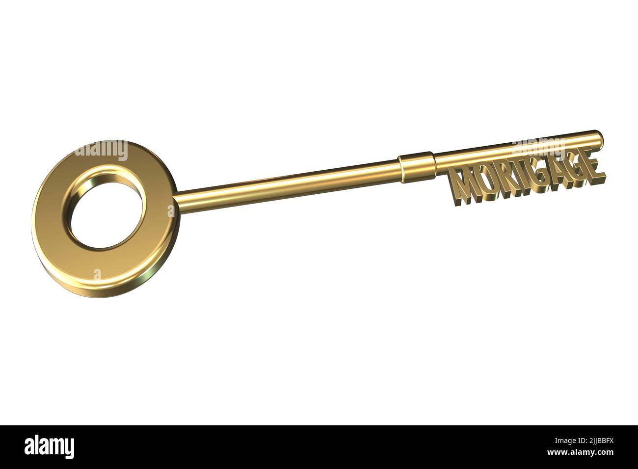 Mortgage Schlüssel Konzept der Gold metallic 3D Schlüssel zu Hause leihen Kreditaufnahme Hauskredit Darlehen Stockfoto