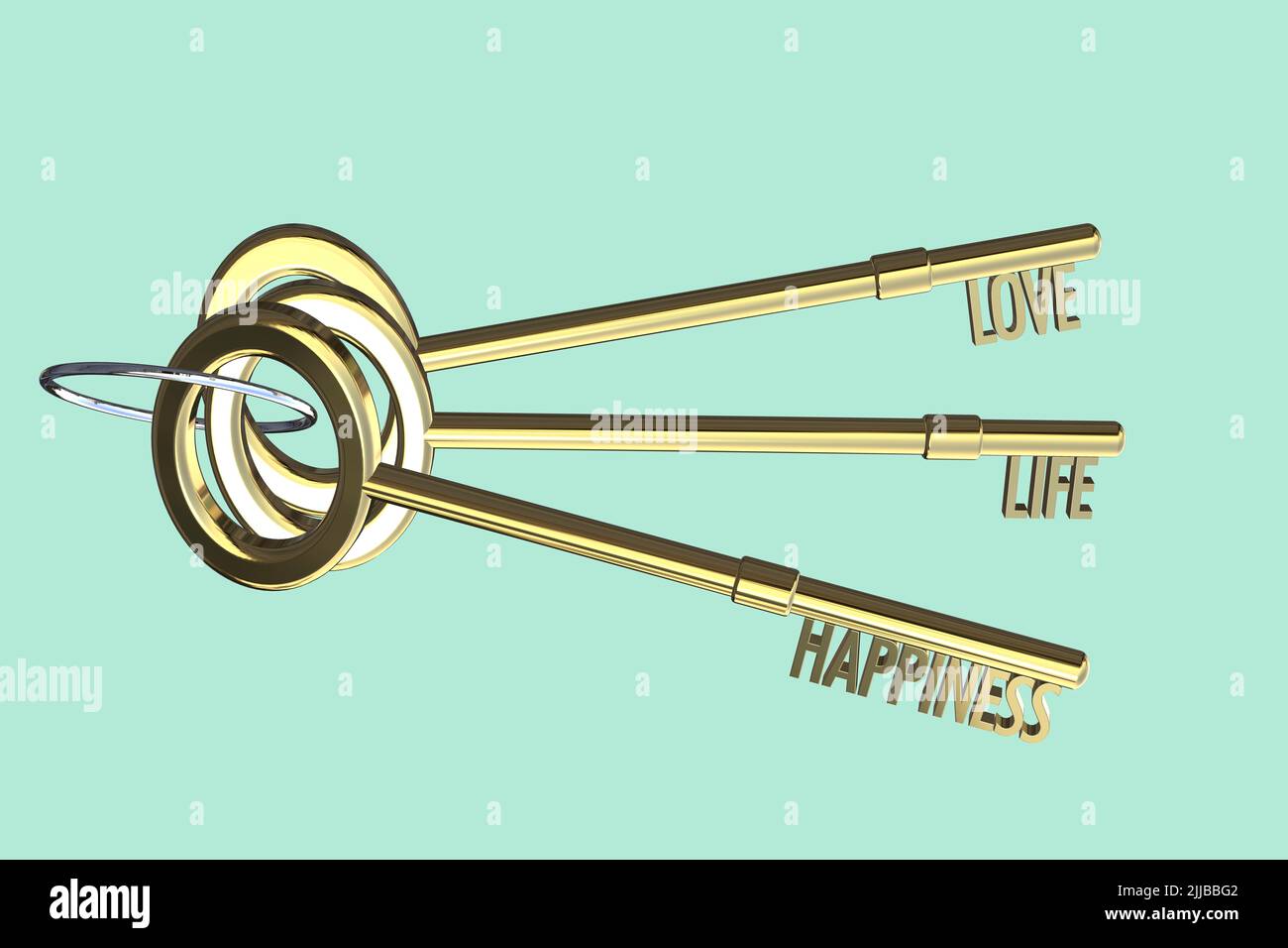 Schlüssel zum Liebeskonzept Schlüssel zum Leben Konzept Schlüssel zum Glück Konzept Schlüsselbündel 3D Render Goldschlüssel Stockfoto