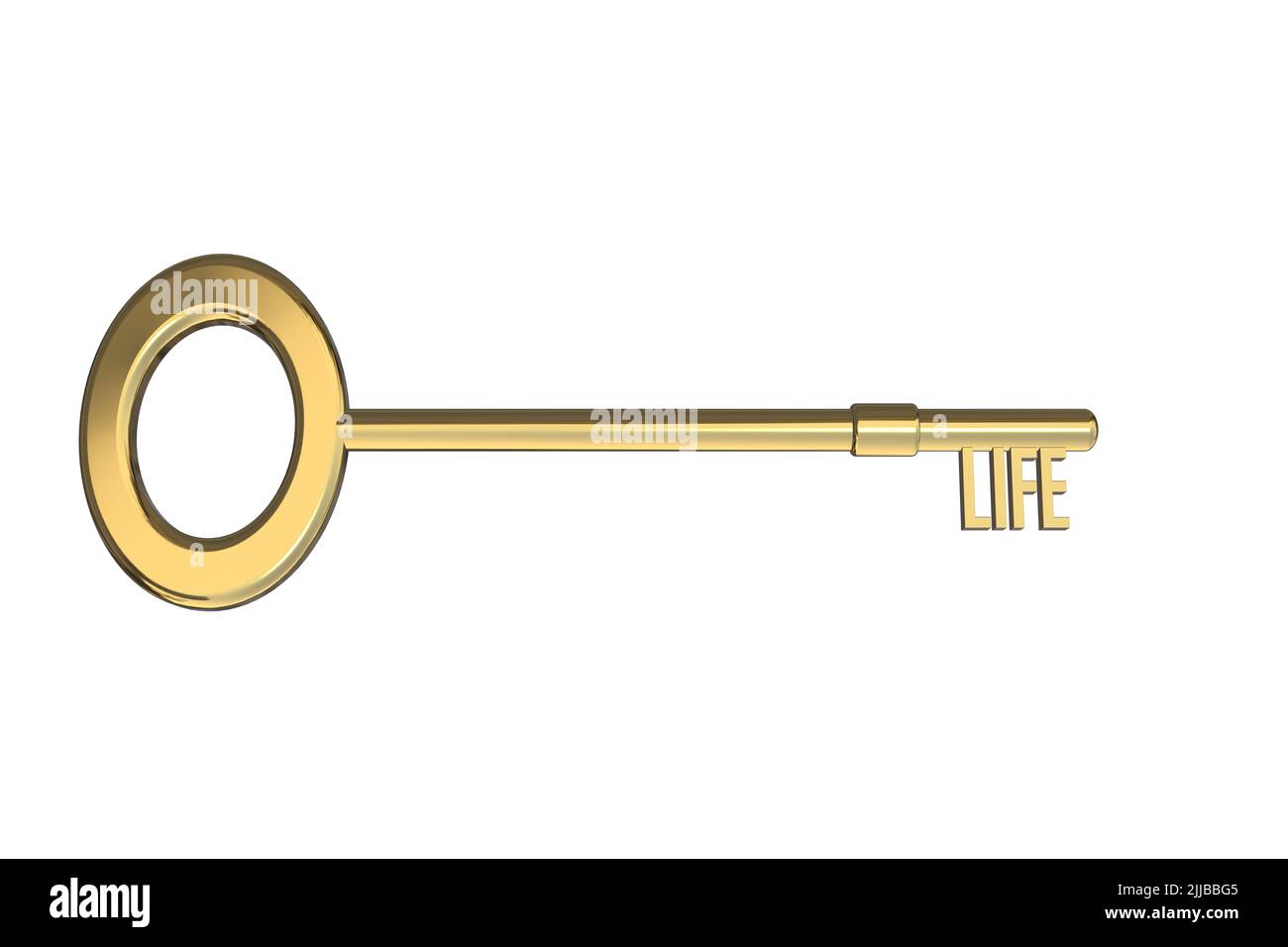 Schlüssel zum Lebenskonzept Bedeutung des Lebenskonzepts Lebenswort auf einem goldenen 3D-Schlüssel, der isoliert auf einem weißen Hintergrund ausgeschnitten wurde Stockfoto