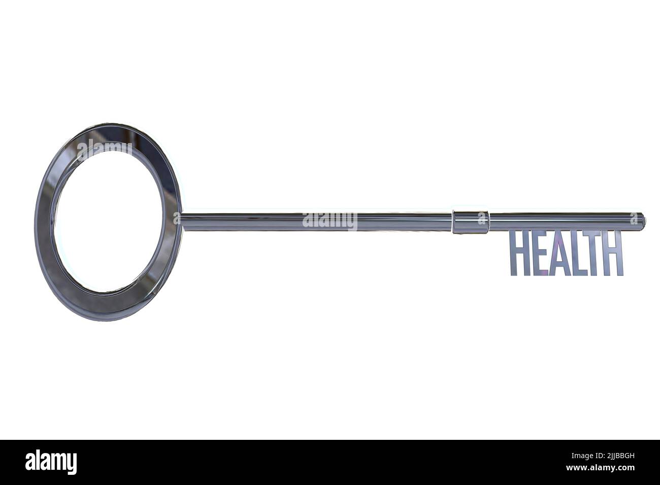 Schlüssel zum Gesundheitskonzept Gesundheitswort in einem silbernen 3D-Schlüssel-Ausschnitt integriert, isoliert auf weißem Hintergrund Stockfoto