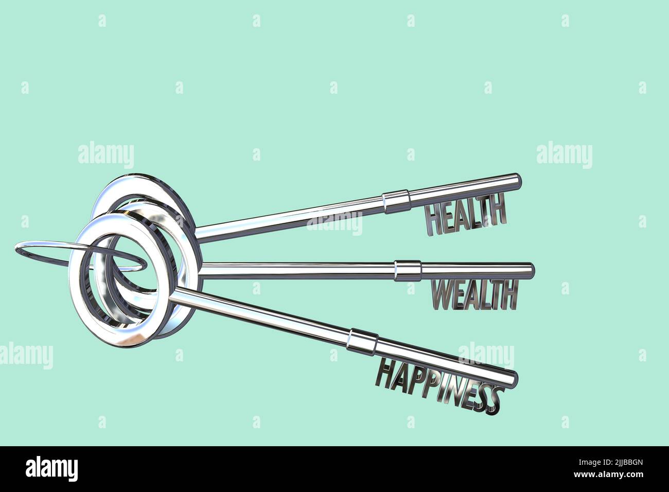 Schlüssel zum Gesundheitskonzept Schlüssel zum Wohlstandskonzept Schlüssel zum Glückskonzept Gesundheit Wohlstand & Glück isolierter mintgrüner Hintergrund Stockfoto