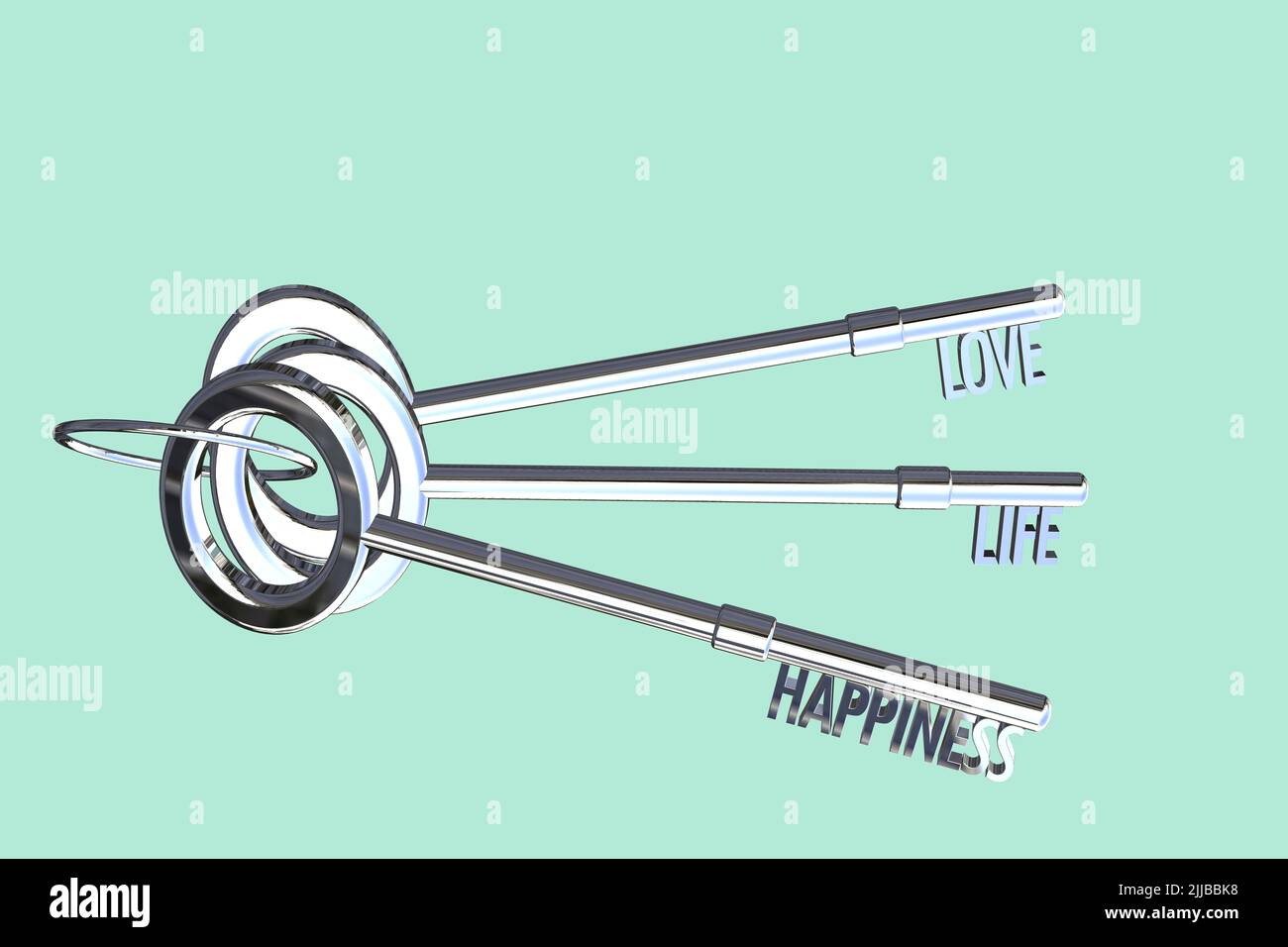 Schlüssel zum Liebeskonzept Schlüssel zum Leben Konzept Schlüssel zum Glück Konzept Schlüsselbündel 3D Rendern silberne Schlüssel Stockfoto
