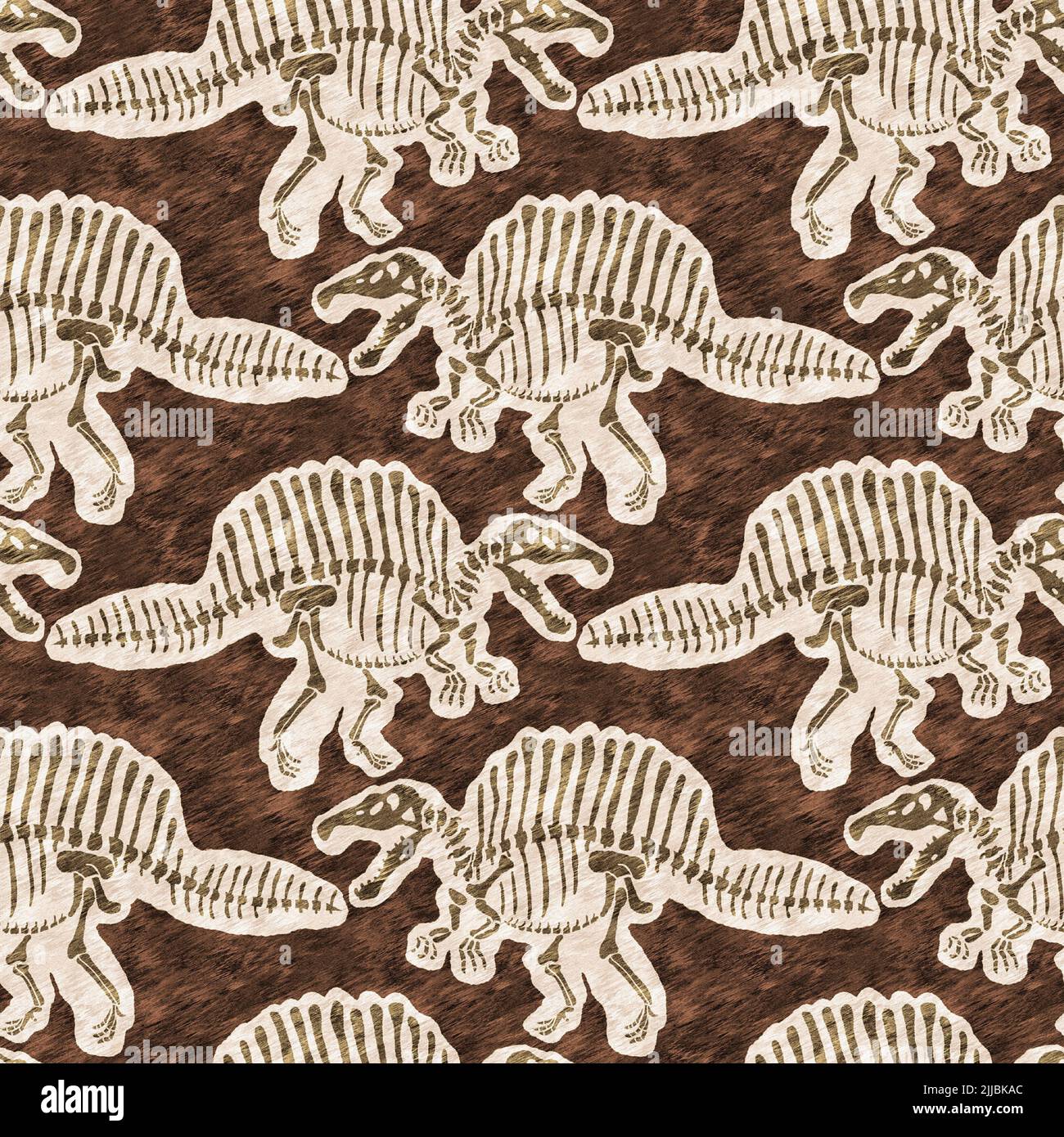 Braun handgezeichnete Spinosaurus fossile Knochen Dinosaurier nahtloses Muster. Geschlechtsspezifische neutrale jurassische Silhouette für die Babykrippe. Home Dekor für Museum Stockfoto