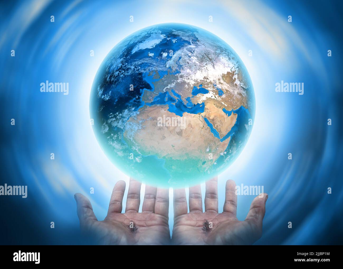 Hände Christi Rettung der Erde konzeptionelles Thema. Stockfoto