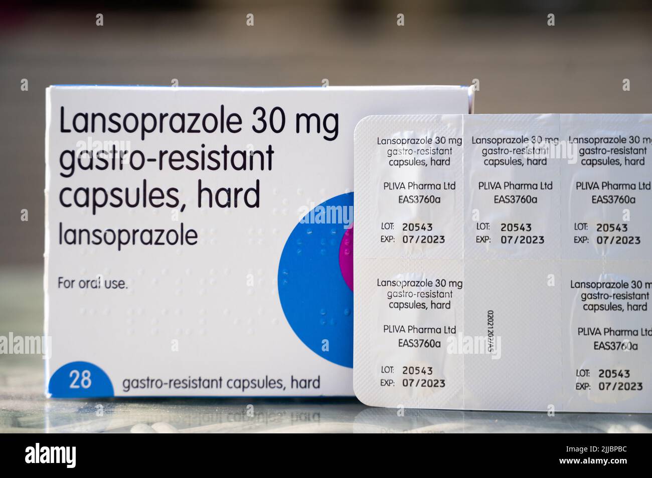 Lansoprazol, ein Medikament zur Behandlung von Magengeschwüren und zur Reduzierung von Magensäure Stockfoto