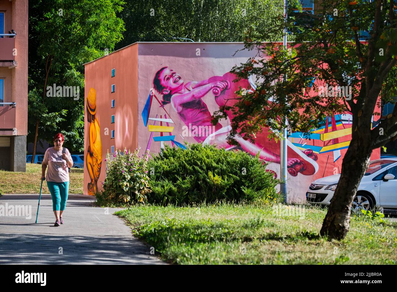 Brünn, Tschechische Republik. 25.. Juli 2022. Die Künstler Ales Vesely und Lukas Vesely malten am 25. Juli 2022 eine Wandmalerei auf einer Transformatorenstation im alten Liskovec-Viertel in Brünn, Tschechien. Quelle: Patrik Uhlir/CTK Photo/Alamy Live News Stockfoto
