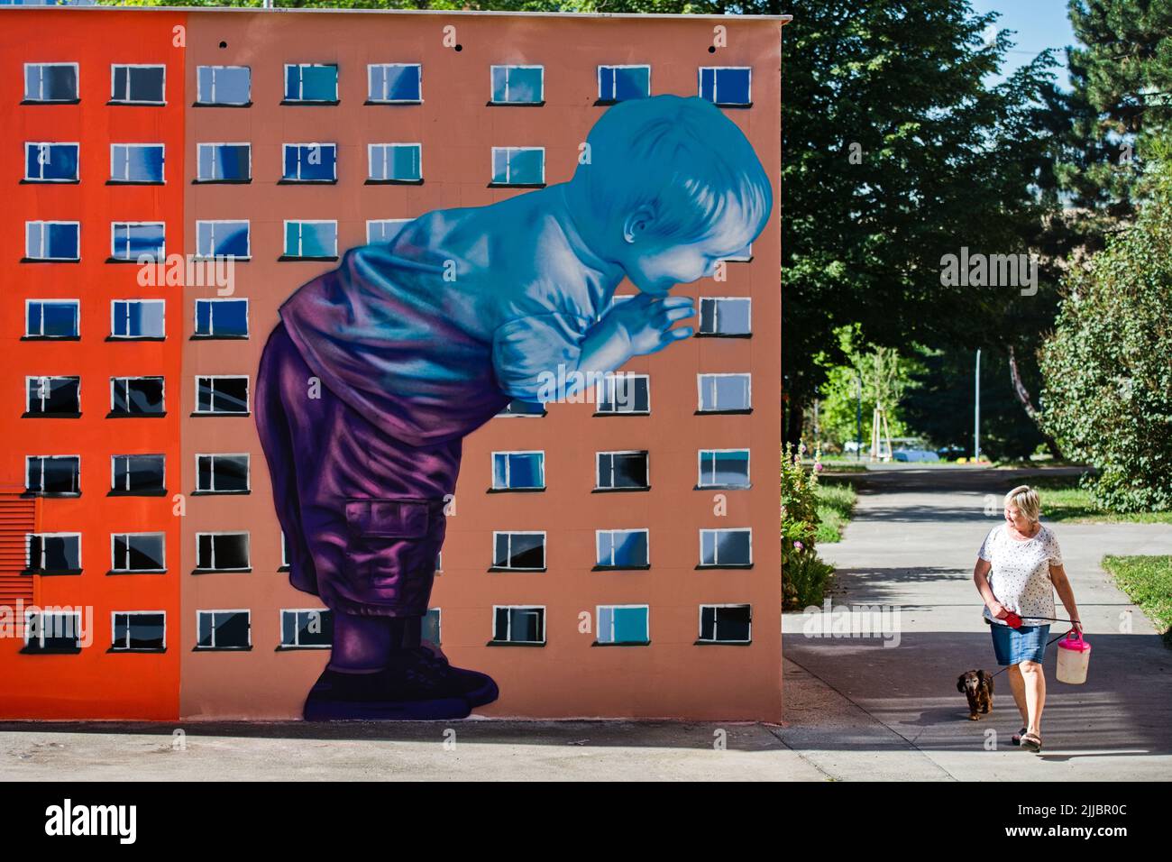 Brünn, Tschechische Republik. 25.. Juli 2022. Die Künstler Ales Vesely und Lukas Vesely malten am 25. Juli 2022 eine Wandmalerei auf einer Transformatorenstation im alten Liskovec-Viertel in Brünn, Tschechien. Quelle: Patrik Uhlir/CTK Photo/Alamy Live News Stockfoto