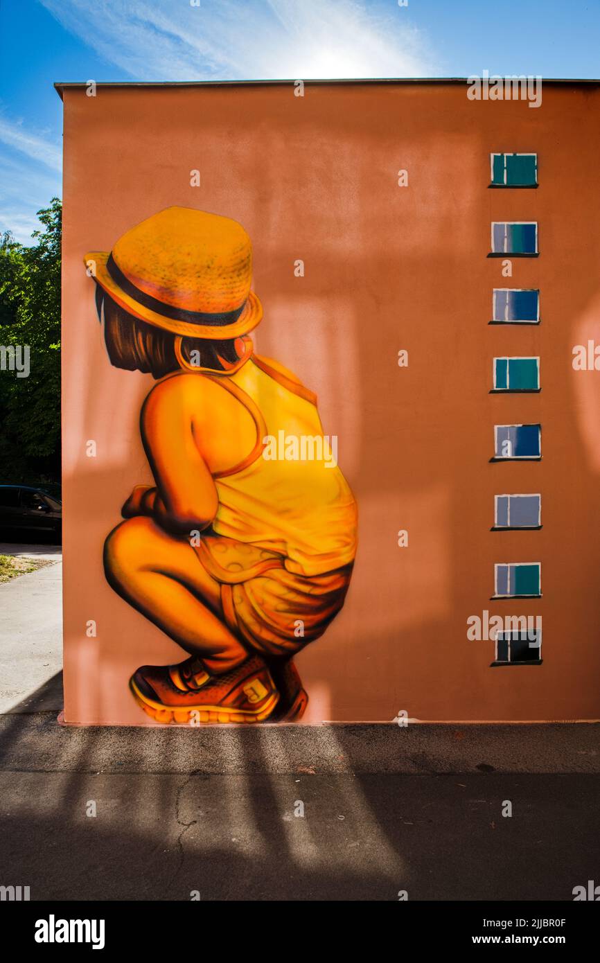 Brünn, Tschechische Republik. 25.. Juli 2022. Die Künstler Ales Vesely und Lukas Vesely malten am 25. Juli 2022 eine Wandmalerei auf einer Transformatorenstation im alten Liskovec-Viertel in Brünn, Tschechien. Quelle: Patrik Uhlir/CTK Photo/Alamy Live News Stockfoto