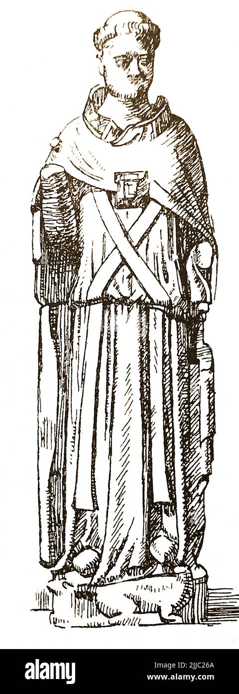 Geschichte von Lincoln, England - Eine Skizze einer Statue aus den 30er Jahren (vermutlich St. Giles, gefunden in den Resten des alten Krankenhauses von St. Giles, das irgendwann im dreizehnten Jahrhundert für die Armen, später aber für 12 arme Minister und pensionierte Domdiener gegründet wurde, Und wurde ein Almosenhaus bis zum achtzehnten Jahrhundert. St. Giles, auch bekannt als Giles der Einsiedler, war ein Einsiedler oder Mönch aus dem unteren Rhône Gebiet. Er ist der Schutzpatron der Bettler; Schmiede; Brustkrebs; Stillen; Krebspatienten; Behinderte; Edinburgh; Epilepsie; Noktiphobiker; Wälder; Eremiten usw. Stockfoto