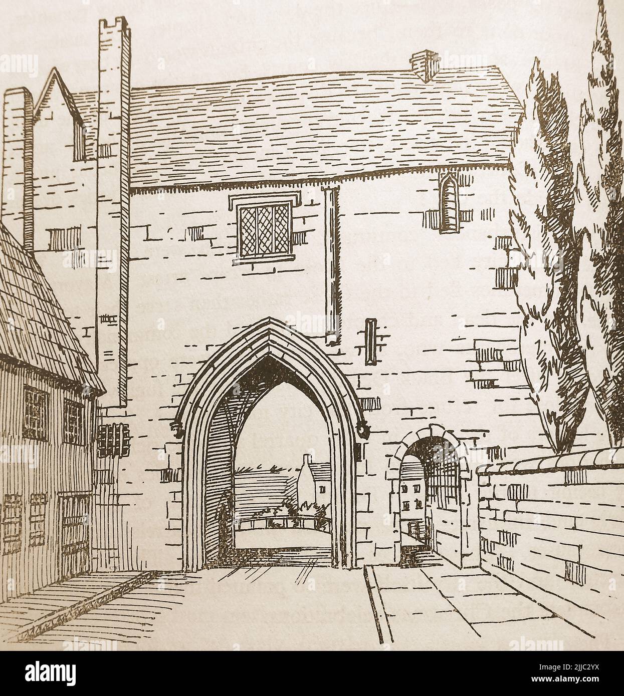 Geschichte von Lincoln, England - eine alte Skizze des alten Registers und seines gewölbten Tores Stockfoto