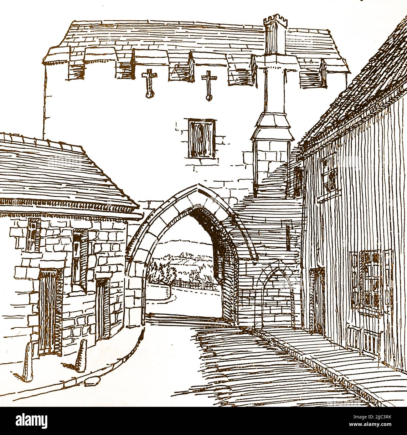 Geschichte von Lincoln, England - eine alte Skizze des Pottergate Arch (Nordseite), wie er einst in der Mitte des 15.. Jahrhunderts erbaut, 1884 und wieder im späten 20.. Jahrhundert restauriert wurde. Stockfoto