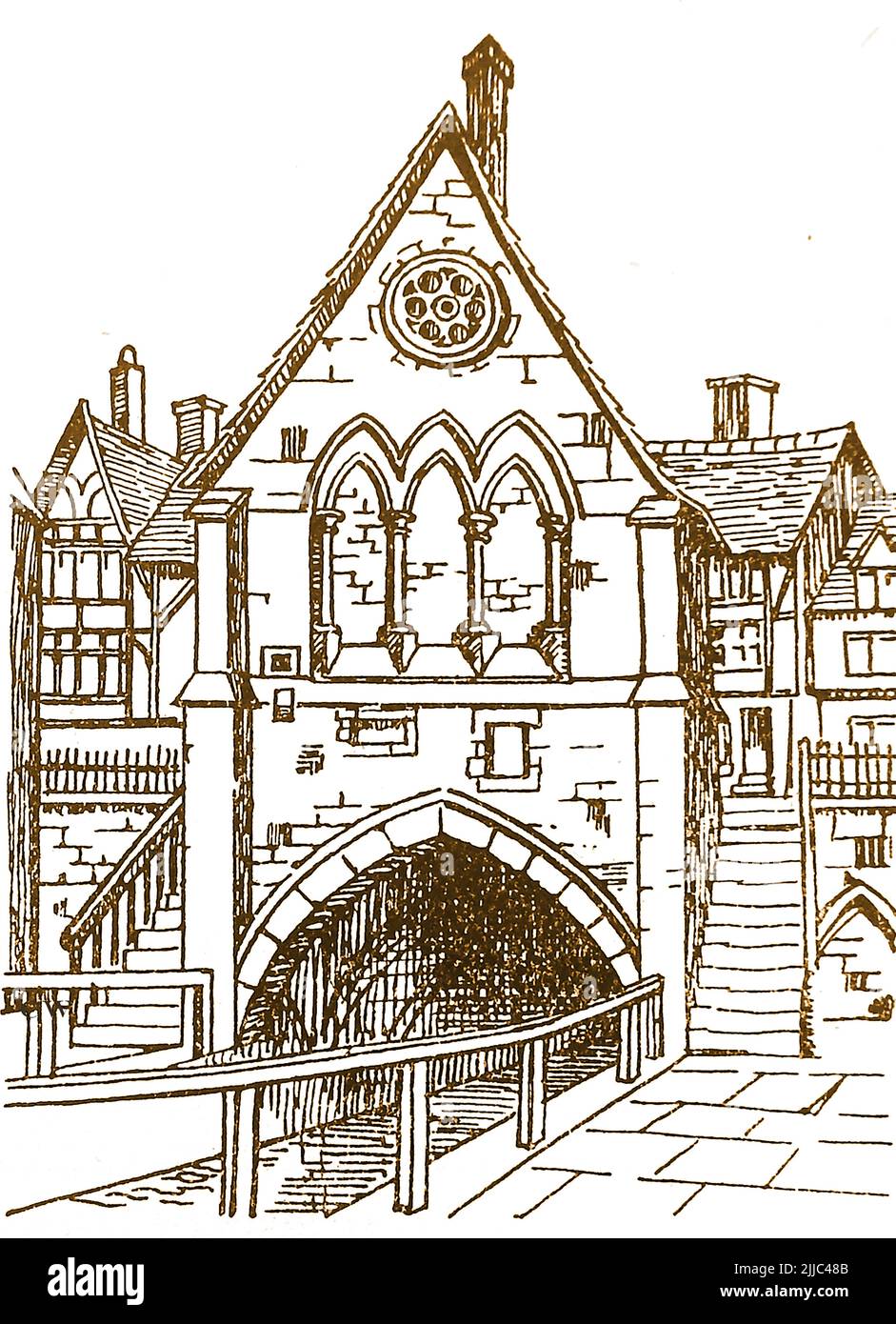 Geschichte von Lincoln, England - eine alte Skizze der ehemaligen High Bridge Chapel. Die mittelalterliche Steinbogenbrücke ist eine der ältesten in England. Sie überquert den Fluss Witham und wurde 1160 erbaut, die heutigen Fachwerkbauten in der Brückendecke stammen aus der Zeit um 1550 Stockfoto