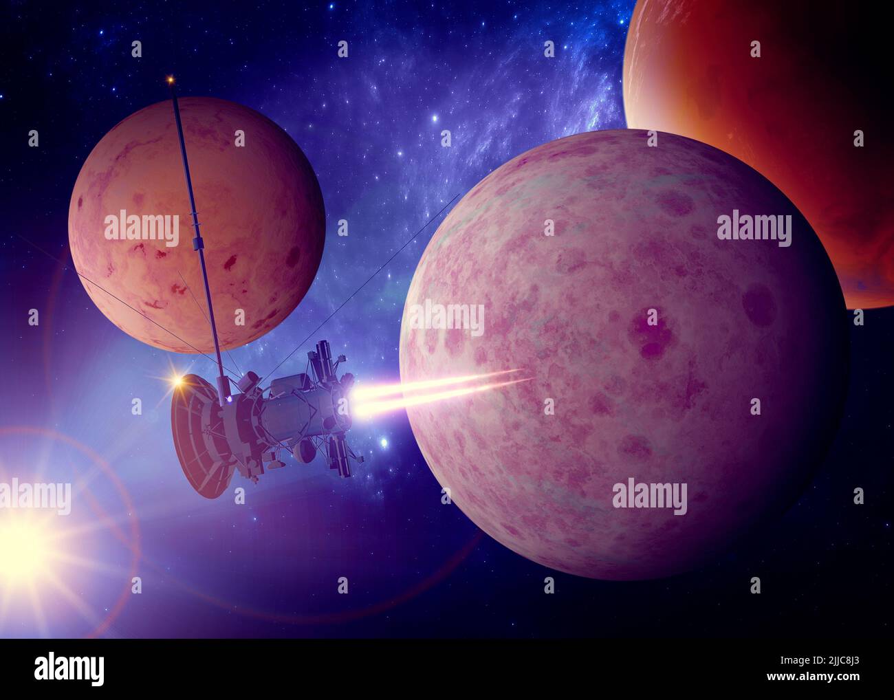 Planeten und Exoplaneten von unerforschten Galaxien. Sci-Fi. Neue Welten zu entdecken. Besiedlung und Erforschung von Nebel und Galaxien. Sonde Stockfoto