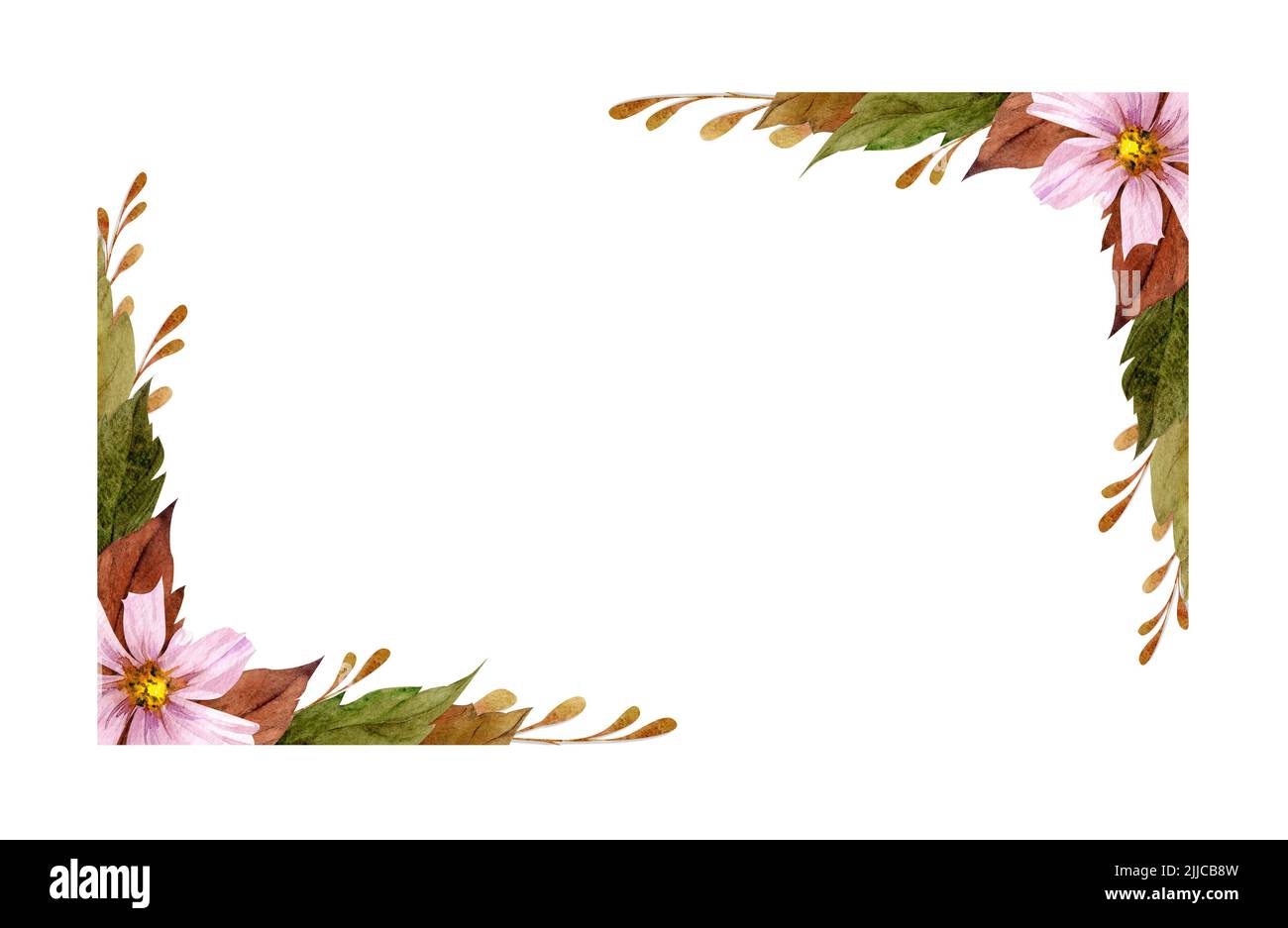 Aquarell-Rahmenanordnung mit handgezeichneten Herbstblumen, Ästen und Blättern. Isoliert auf weißem Hintergrund. Design für Einladungen, Hochzeiten Stockfoto