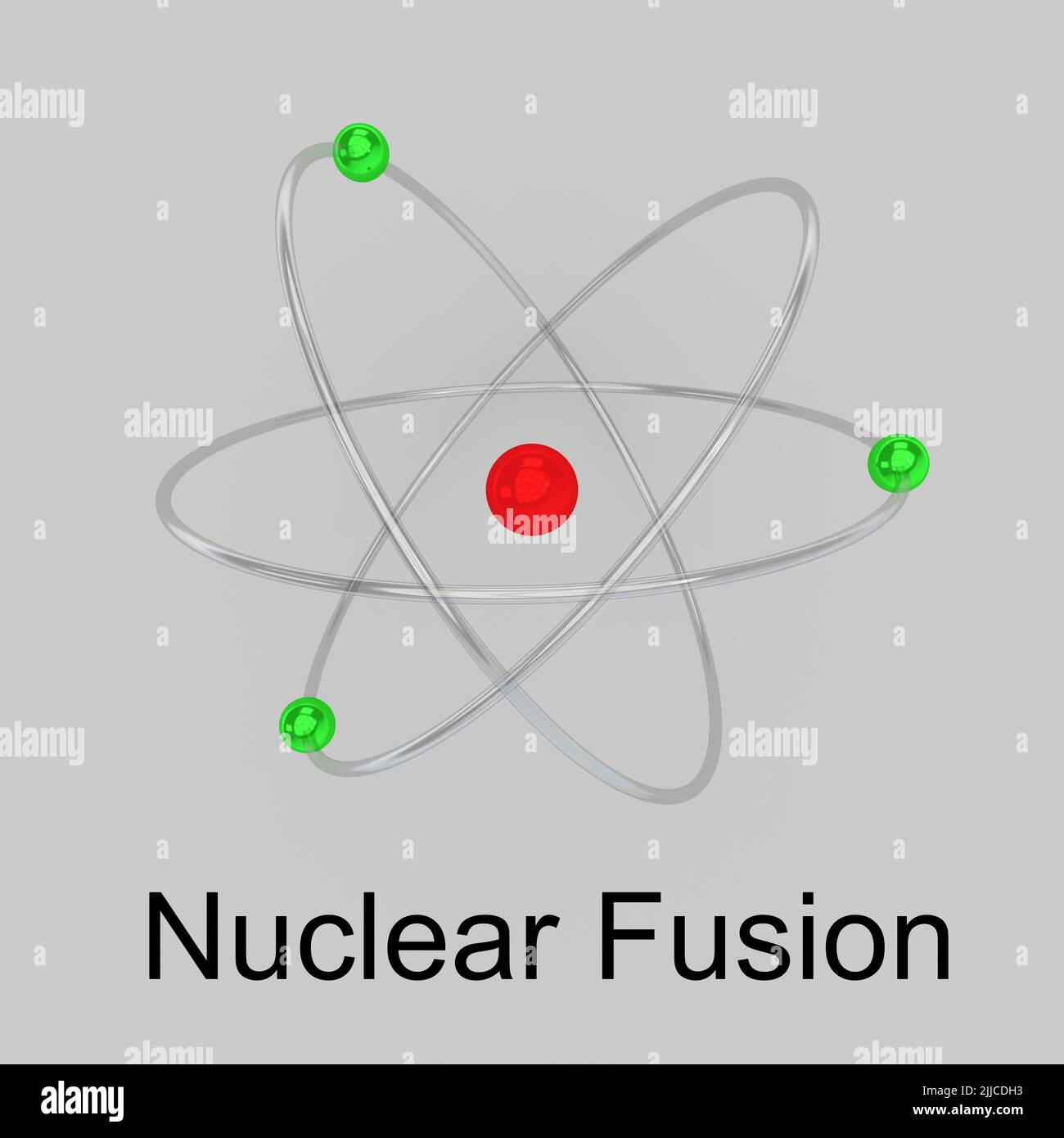 3D Darstellung eines Atoms mit Nuclear Fusion-Titel, isoliert über grauem Background. Stockfoto