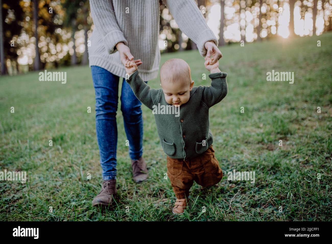 Mutter hält beim Gehen in der Natur die Hände ihres kleinen Sohnes, das Konzept der ersten Schritte des Babys. Stockfoto