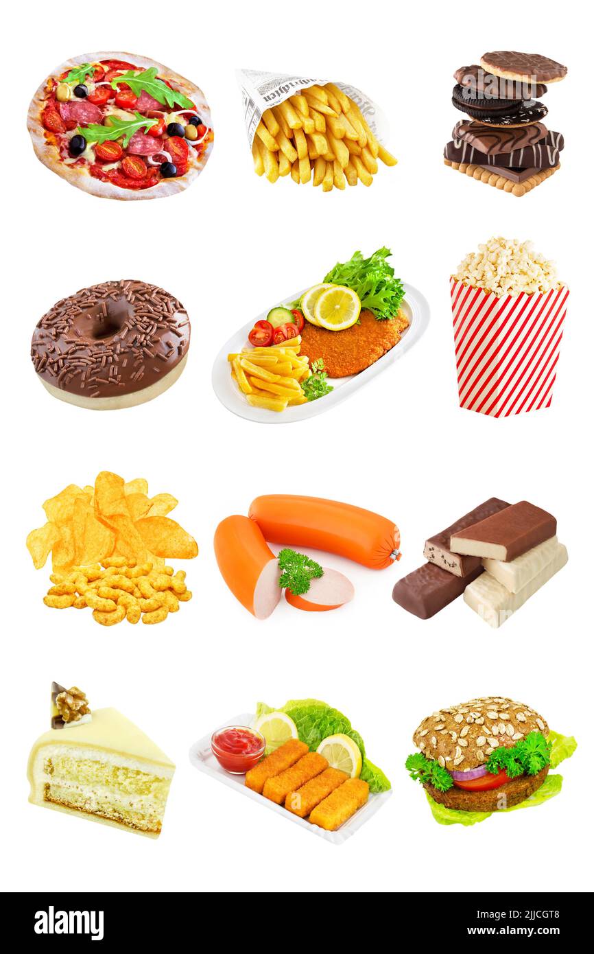 Transfette in Pizza, Fisch, Würstchen, Pommes Frites, Burger, Paniertes Kotelet und Kuchen Stockfoto