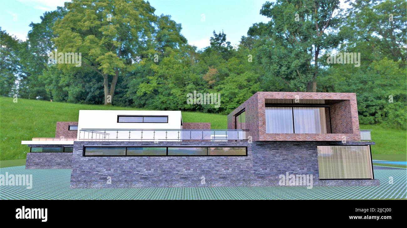 Ein schönes, modernes Haus mit flachem Dach und einer eingezäunten Terrasse. Die Wanddekoration besteht aus grauem Schiefer. Grüner Hügel und Wald in der Nähe. 3D Rendern. Stockfoto
