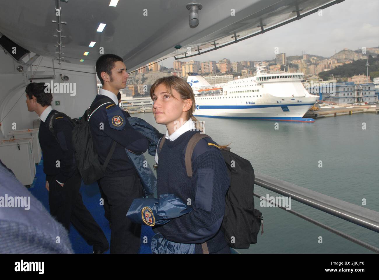 Genua (Italien), Akademie der Handelsmarine, fortgeschrittene Spezialisierungsschule für die Berufe des Meeres; Bildungsbesuch auf einem Kreuzschiff im Hafen von Genua Stockfoto