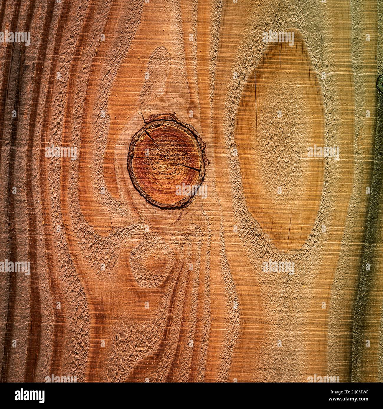 Nahaufnahme der strukturierten Holzoberfläche mit natürlichen Mustern und Korndetails Stockfoto