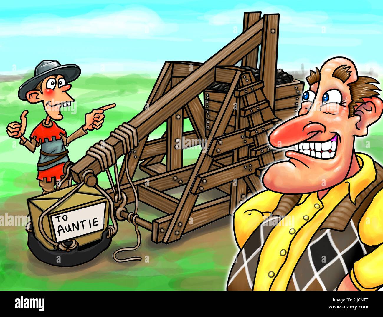 Lustige Zeichentrickkunst: Mann, der per Trebuchet Paket schickt, illustriert extreme malische Postdienste, wie man Verzögerungen während eines Poststreiks/Einschränkungen vermeidet Stockfoto