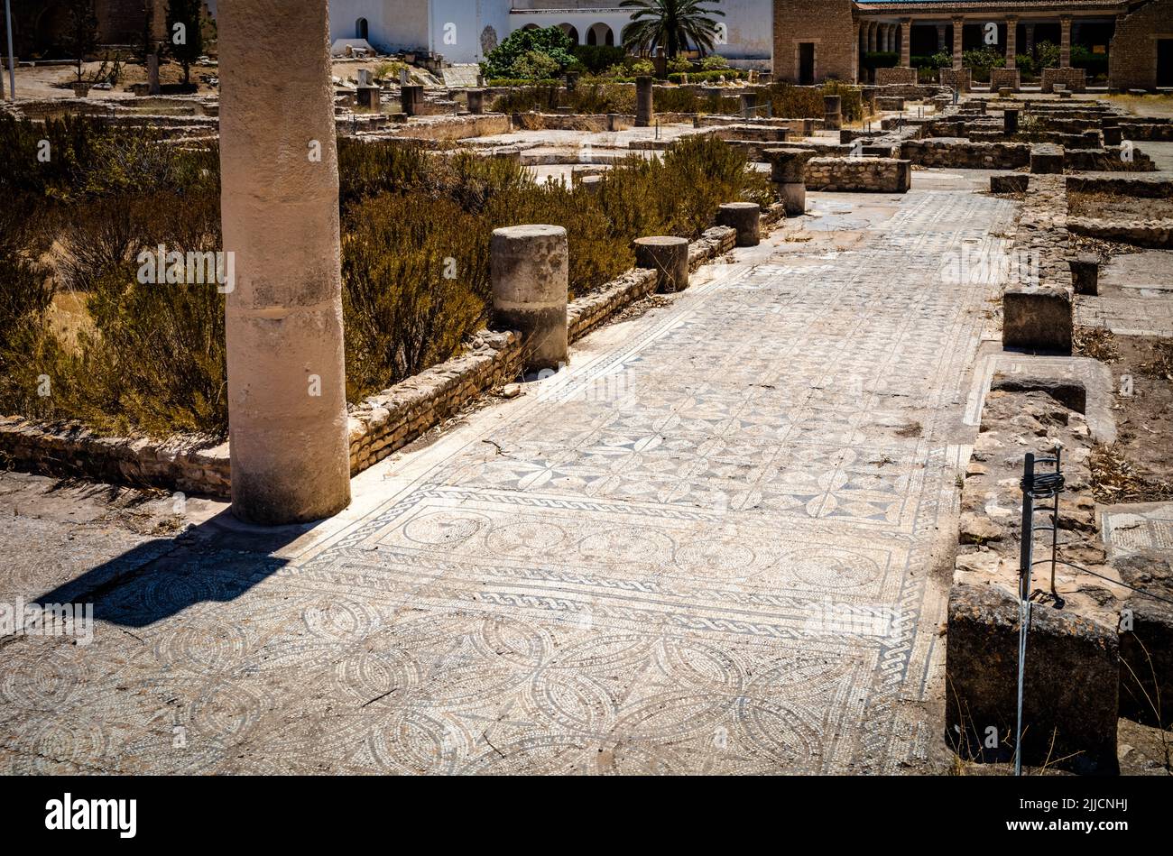 Im archäologischen Park des Archäologischen Museums El Jem in Tunesien wurden römische Originalmosaiken vor Ort hinterlassen. Stockfoto