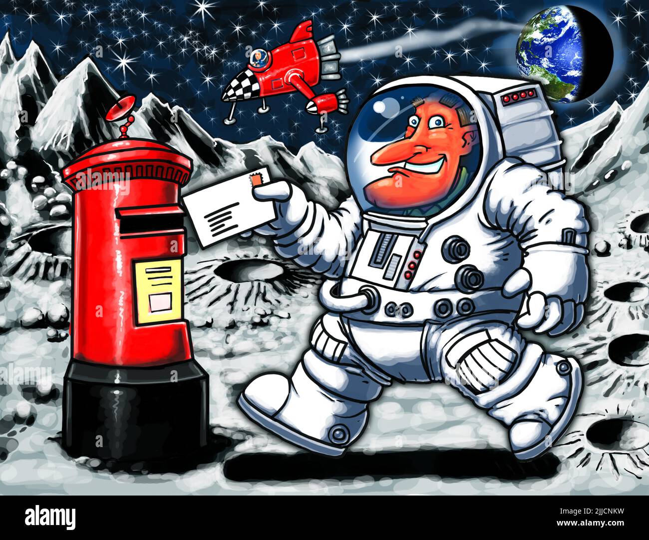 Lustige Cartoon-Kunst, eines Mannes, der auf dem Mond einen Brief in eine Royal Mail Box postet, der Sammelobjekte der Weltraumpost, FDCs oder extreme Postphilatelie illustriert. Stockfoto